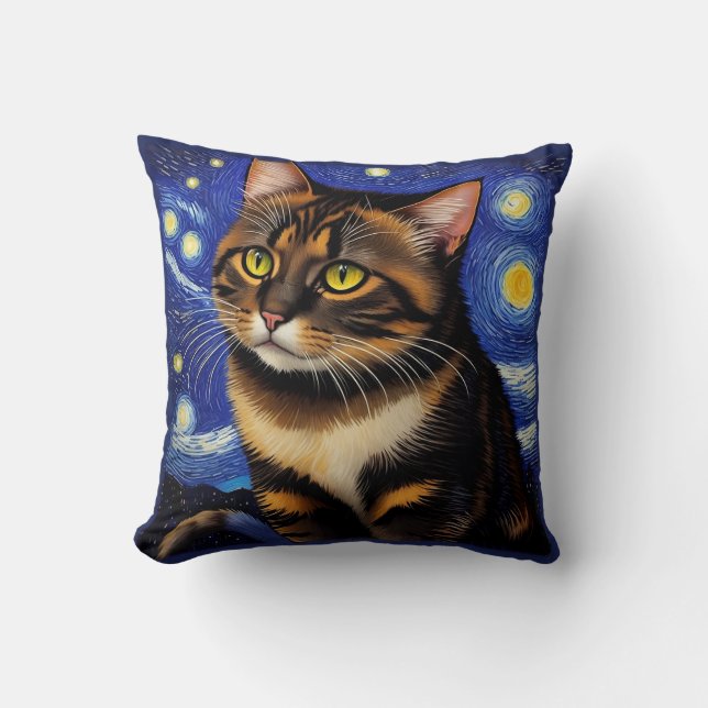 Van Gogh Cat Night And Day Throw Pillow (Front)