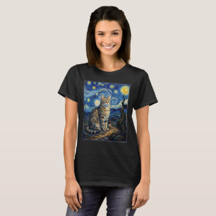 Van Gogh Cat Starry Night Impressionist Art T-Shirt
