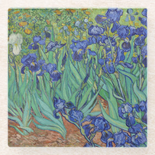 Van Gogh Famous Blue Irises Floral Oil Painting Glass Coaster