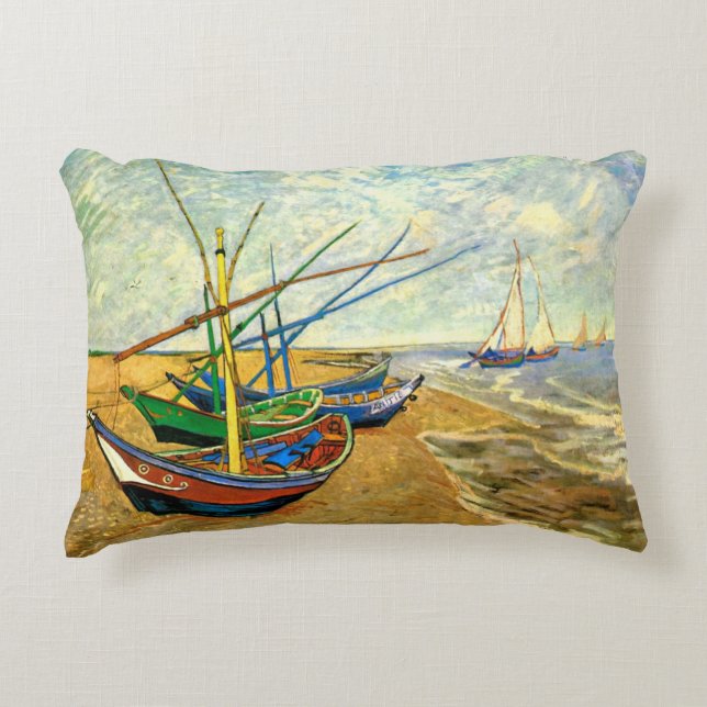Van Gogh Fishing Boats on Beach at Saintes Maries Accent Pillow (Front)