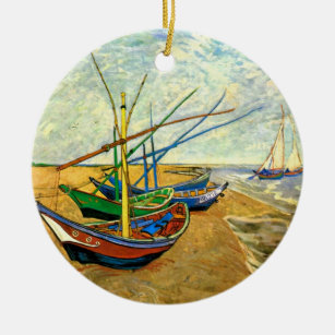 Van Gogh Fishing Boats on Beach at Saintes Maries Ceramic Ornament