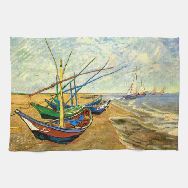 Van Gogh Fishing Boats on Beach at Saintes Maries Kitchen Towel (Horizontal)