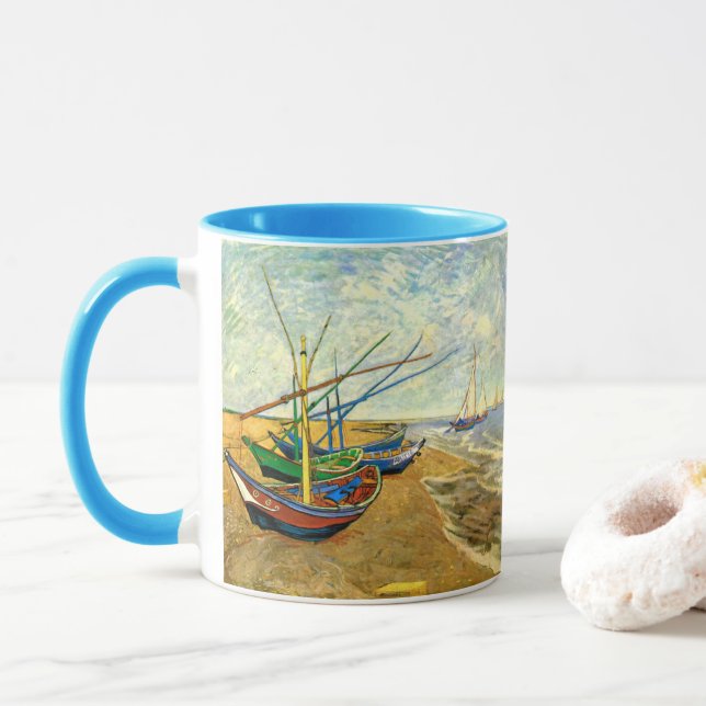 Van Gogh Fishing Boats on Beach at Saintes Maries Mug (With Donut)