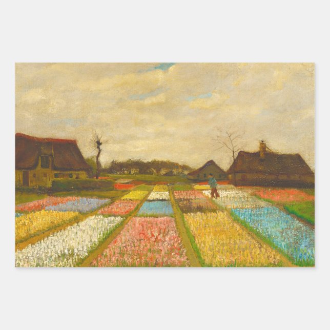 Van Gogh Flower Beds, Farmhouse, and Roses Wrapping Paper Sheet (Front)