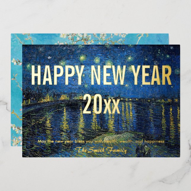 Van Gogh - Happy New Year with Starry Night /Rhone Foil Holiday Card (Front/Back)