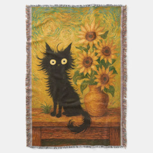Van Gogh Inspired Black Cat & Sunflowers Artistic Throw Blanket