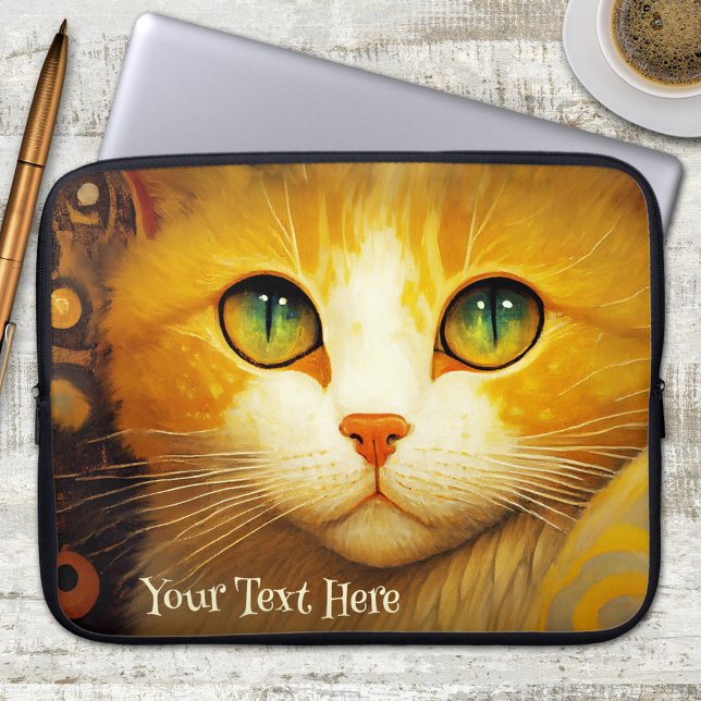 Van Gogh Inspired Cat Painting Laptop Sleeve (Personalized whimsical laptop sleeve featuring a colorful painting of a cute kitty in van Gogh style)