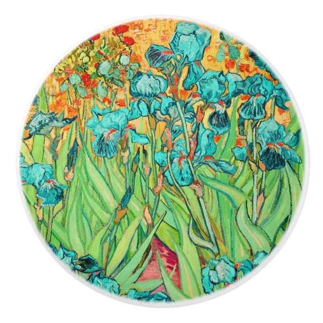 Van Gogh Irises at St. Remy,  Teal Ceramic Knob (Front)