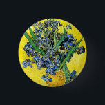 Van Gogh Irises Button<br><div class="desc">Van Gogh Irises button. Oil painting on canvas from 1890. Van Gogh created multiple iris paintings throughout his career, Still Life with Irises features a bouquet of freshly cut irises in a yellow vase with a yellow background. The Irises are in full bloom and lean over the edge of the...</div>