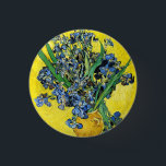 Van Gogh Irises Button<br><div class="desc">Van Gogh Irises button. Oil painting on canvas from 1890. Van Gogh created multiple iris paintings throughout his career, Still Life with Irises features a bouquet of freshly cut irises in a yellow vase with a yellow background. The Irises are in full bloom and lean over the edge of the...</div>