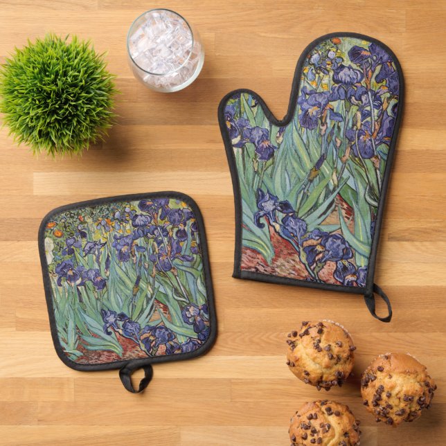Van Gogh Irises Impressionist Painting Oven Mitt & Pot Holder Set (Top Down)