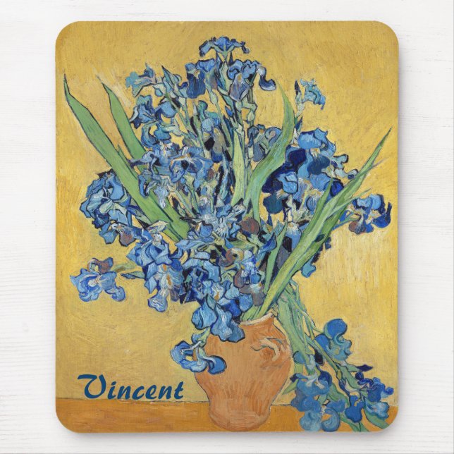 Van Gogh Irises Vase Blue Floral Bouquet Fine Art Mouse Pad (Front)