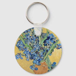 Van Gogh Irises Vase Blue Flower Bouquet Gold Art Keychain