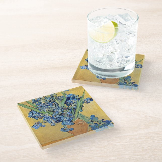 Van Gogh Irises Vase Blue Flowers Bouquet Painting Glass Coaster (Angled)