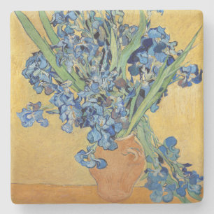 Van Gogh Irises Vase Blue Flowers Bouquet Painting Stone Coaster