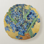 Van Gogh Irises Vase Gold Wall Blue Flowers Art Round Pillow<br><div class="desc">Vincent van Gogh (Dutch, 1853 - 1890) Irises (In vase with yellow background), 1890, Oil on canvas Oil on canvas, 92.7 cm x 73.9 cm Van Gogh Museum, Amsterdam (Vincent van Gogh Foundation) Painted in the psychiatric hospital at Saint-Rémy, Van Gogh used irises as a colour study. He achieves a...</div>