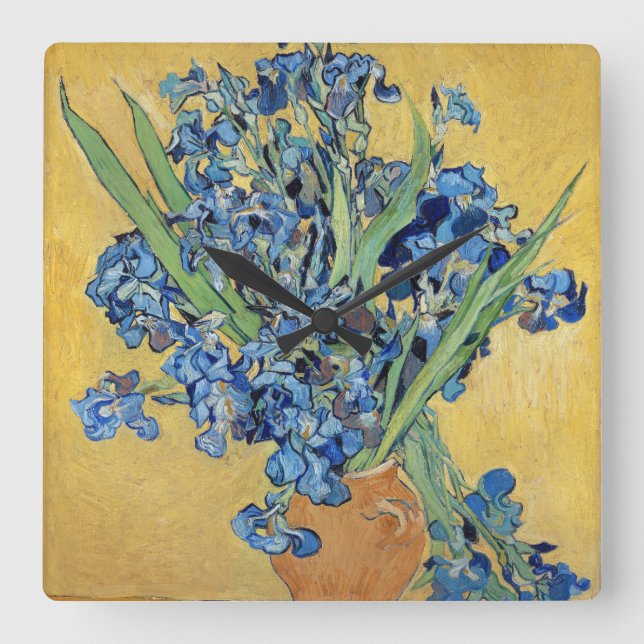 Van Gogh Irises Vase Gold Wall Blue Flowers Art Square Wall Clock (Front)