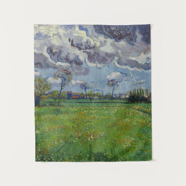 Van Gogh Meadow with Flowers Under a Stormy Sky Tapestry (Front)