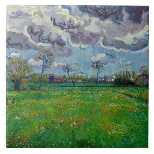 Van Gogh Meadow with Flowers Under a Stormy Sky Tile