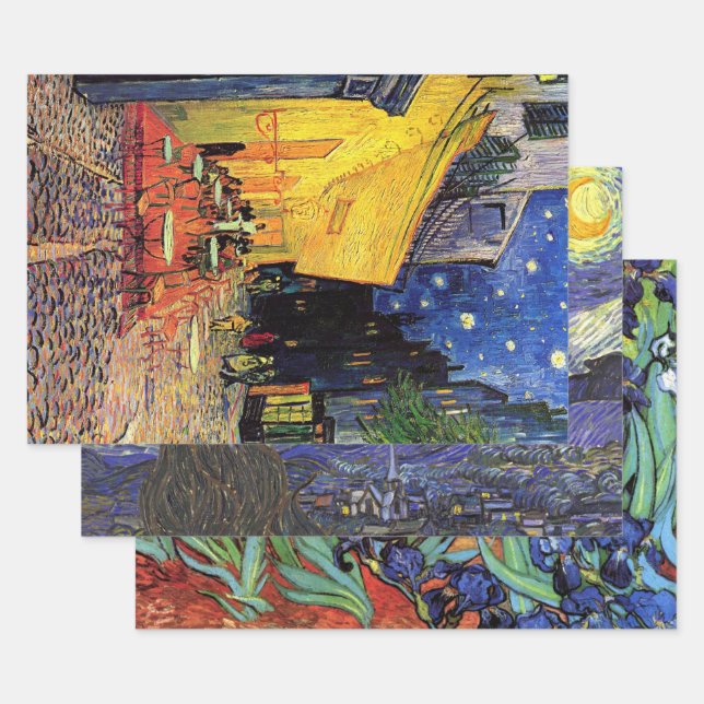 Van Gogh Night Cafe, Starry Night and Irises Wrapping Paper Sheet (Set)