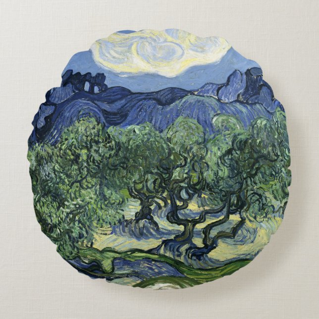 Van Gogh Olive Trees - Blue Mountain Art Round Pillow (Front)