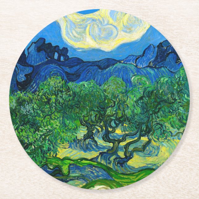 Van Gogh Olive Trees in a Mountainous Landscape Round Paper Coaster (Front)