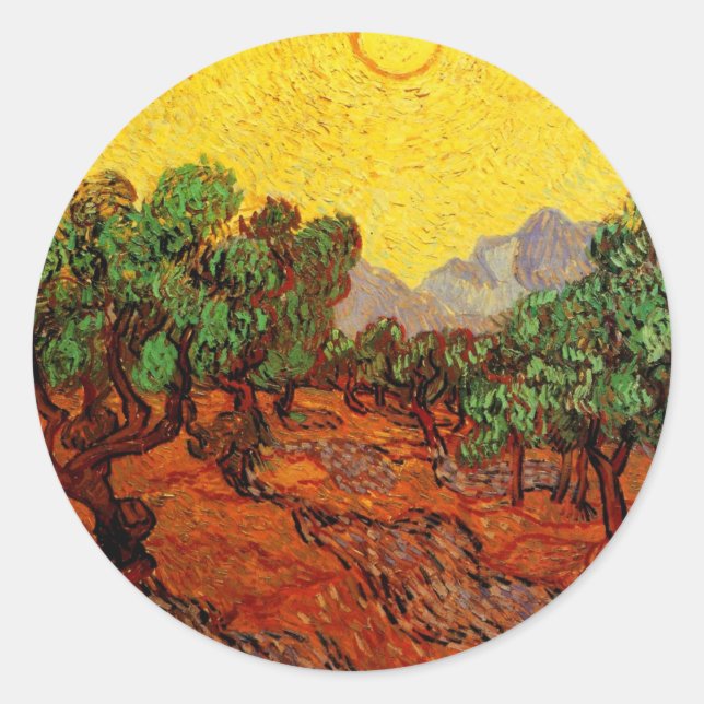 Van Gogh Olive Trees with Yellow Sky and Sun Classic Round Sticker (Front)
