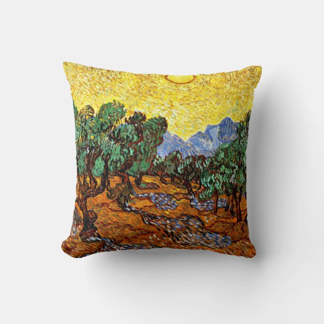 Van Gogh - Olive Trees with Yellow Sky and Sun... Throw Pillow (Front)