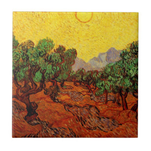 Van Gogh Olive Trees with Yellow Sky and Sun Tile