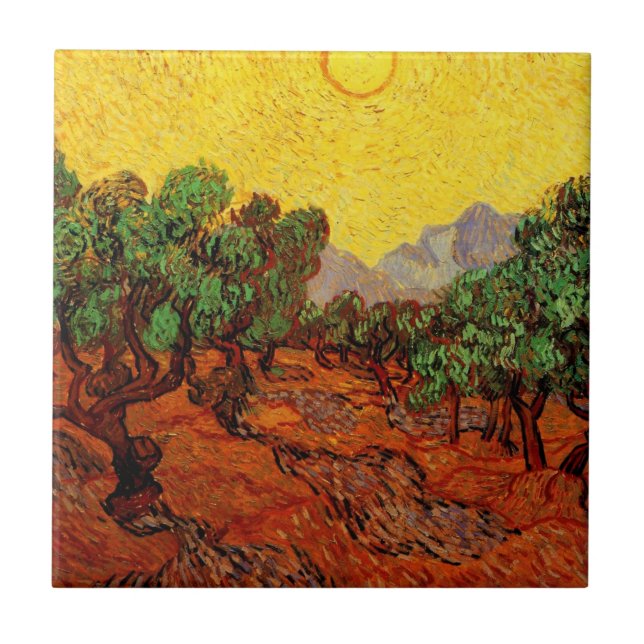 Van Gogh Olive Trees with Yellow Sky and Sun Tile (Front)