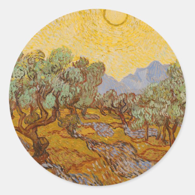 Van Gogh Olive Trees Yellow Sun Sky Classic Round Sticker (Front)