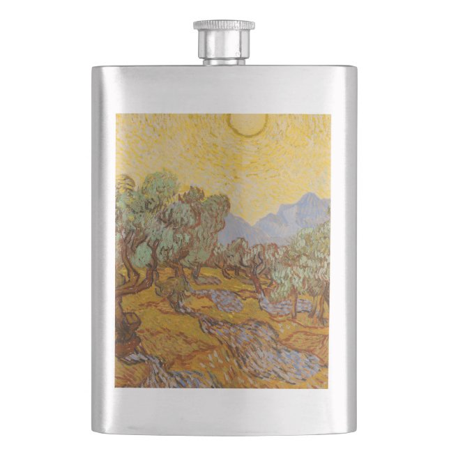 Van Gogh Olive Trees Yellow Sun Sky Hip Flask (Front)