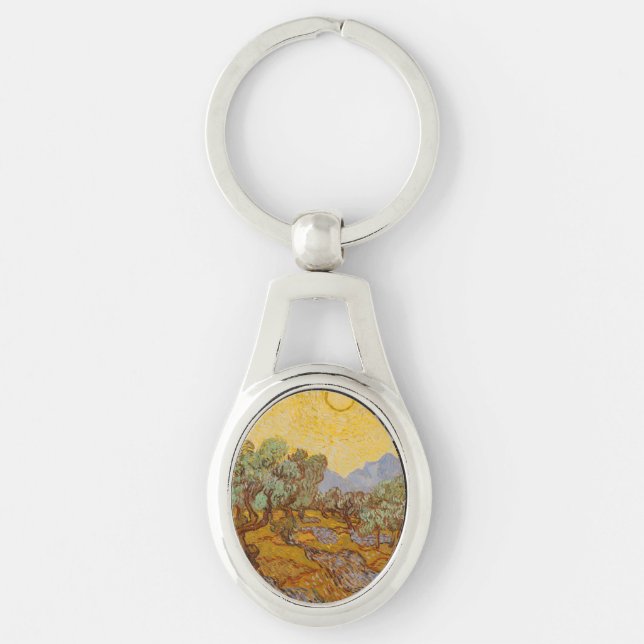 Van Gogh Olive Trees Yellow Sun Sky Keychain (Front)
