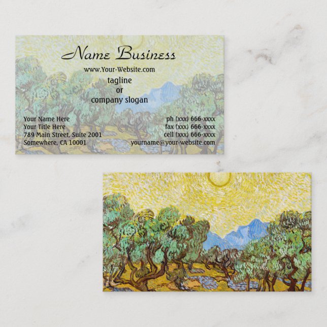 Van Gogh Olive Trees Yellow Sun Sky Painting Business Card (Front/Back)
