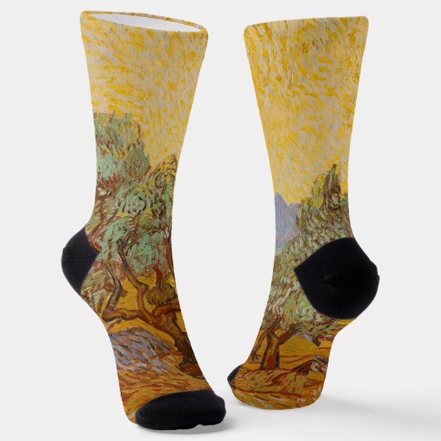 Van Gogh Olive Trees Yellow Sun Sky Socks (Angled)