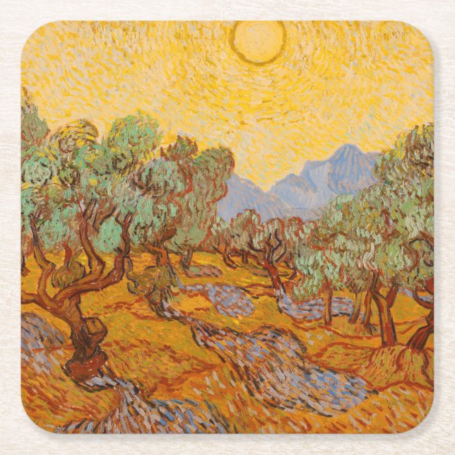Van Gogh Olive Trees Yellow Sun Sky Square Paper Coaster (Front)