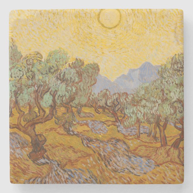 Van Gogh Olive Trees Yellow Sun Sky Stone Coaster (Front)