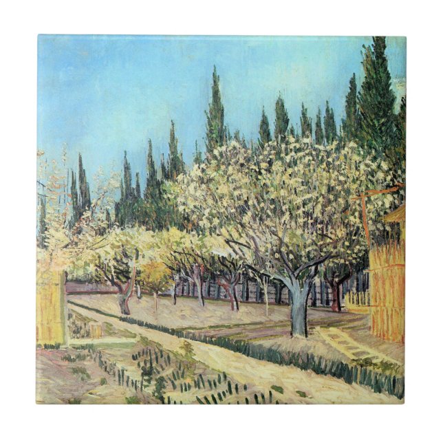 Van Gogh Orchard in Blossom, Bordered by Cypresses Tile (Front)