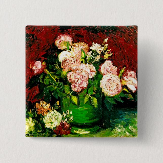 Van Gogh Peonies and Roses 2 Inch Square Button (Front)