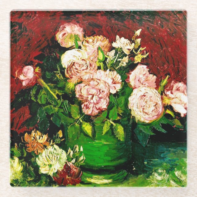Van Gogh Peonies and Roses Glass Coaster (Front)