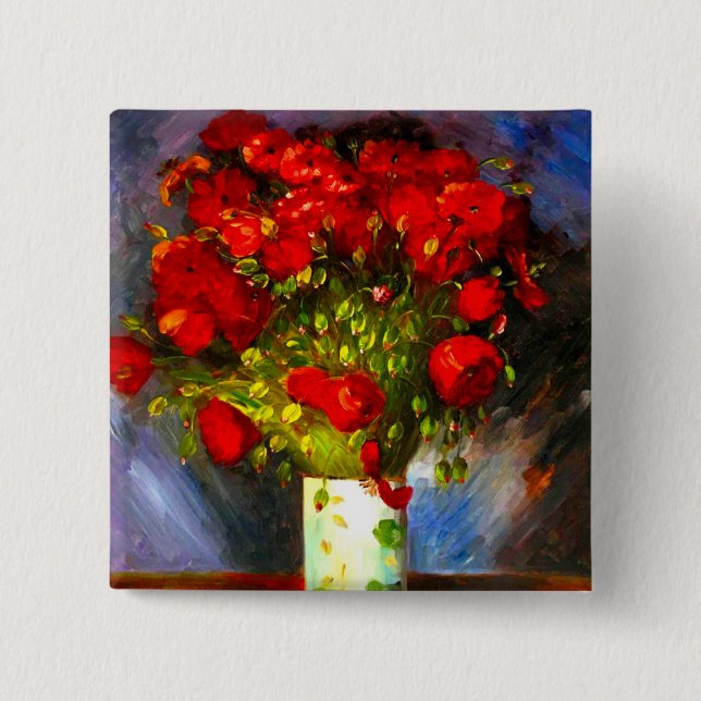 Van Gogh Red Poppies 2 Inch Square Button (Front)