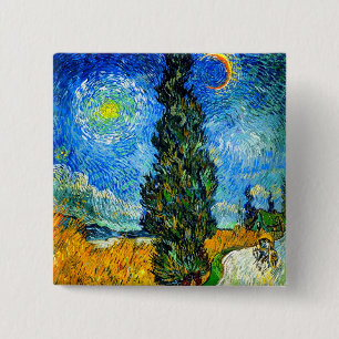 Van Gogh Road with Cypress and Star 2 Inch Square Button