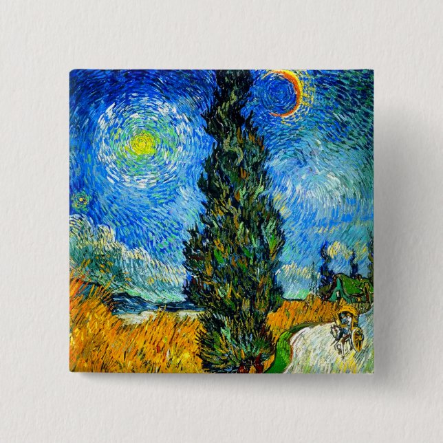 Van Gogh Road with Cypress and Star 2 Inch Square Button (Front)
