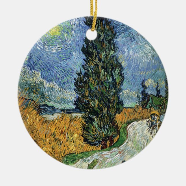 Van Gogh Road With Cypresses Impressionism Ceramic Ornament (Front)