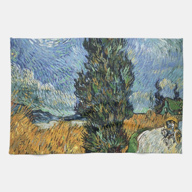 Van Gogh Road With Cypresses Impressionism Kitchen Towel (Horizontal)
