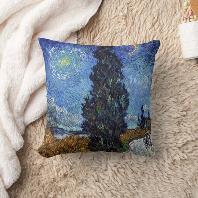 Van Gogh Road With Cypresses Impressionism Throw Pillow (Blanket)
