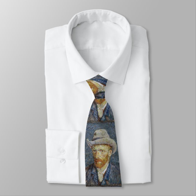 Van Gogh Self Portrait Grey Felt Hat Painting Art Tie (Tied)