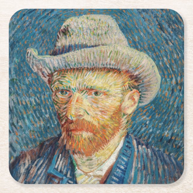 Van Gogh - Self Portrait with a Grey Felt Hat Square Paper Coaster (Front)