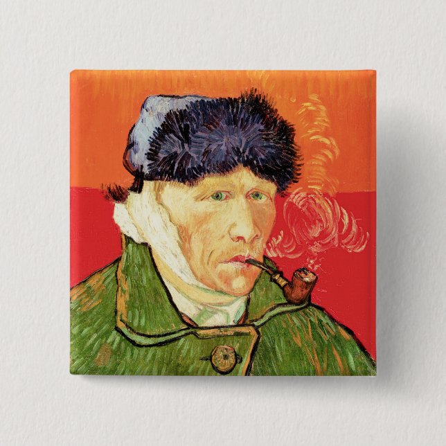 Van Gogh - Self Portrait with Bandaged Ear & Pipe 2 Inch Square Button (Front)