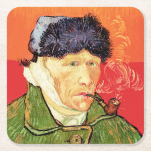 Van Gogh - Self Portrait with Bandaged Ear & Pipe Square Paper Coaster